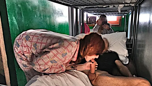 Blowjob from busty hostel guest awakens me, drains peak.